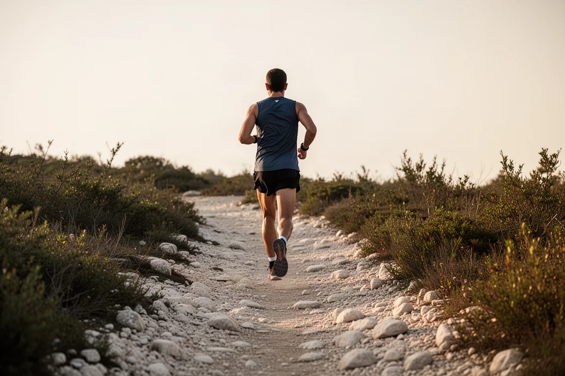 Trail runner avanzando por un sendero de piedras compactadas con luz suave de atardecer