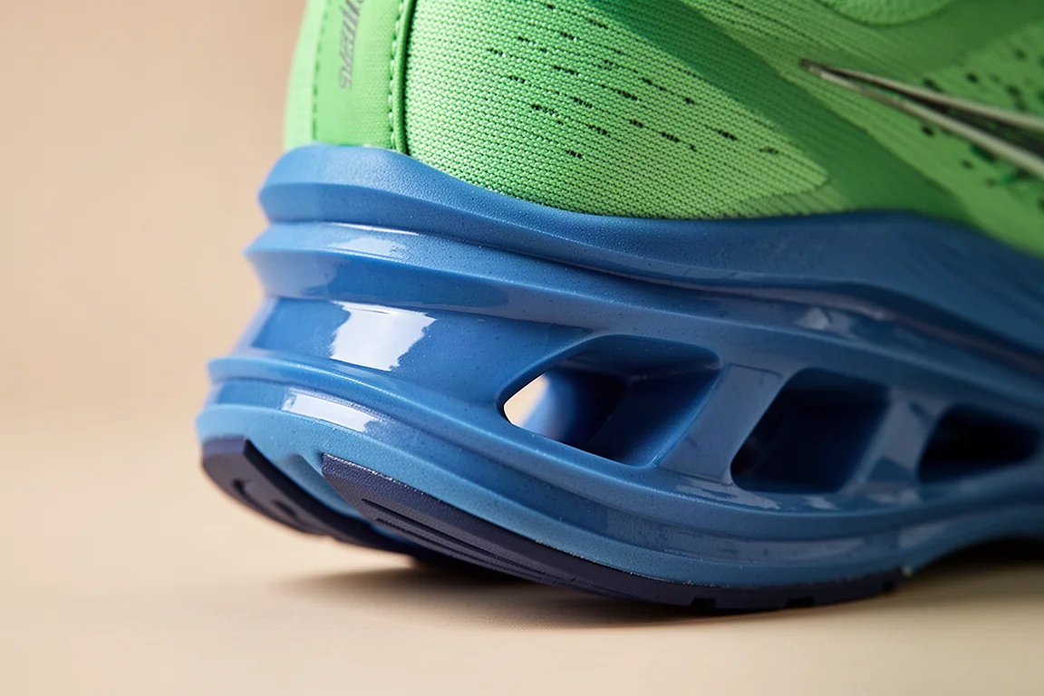 Detaillierte Aufnahme der Mittelsohle eines Marathon-Rennschuhs mit hohem Stack, geschichteter Dämpfung und Cutouts