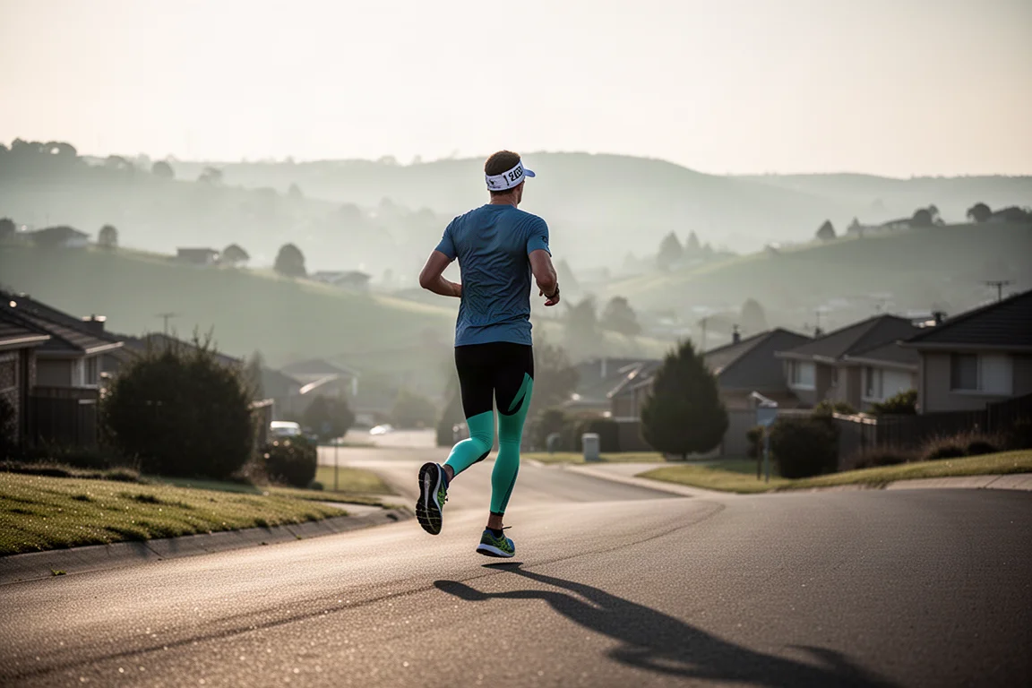 Läufer beim Bergauf-Lauf auf welligen Landstraßen im frühen Morgenlicht