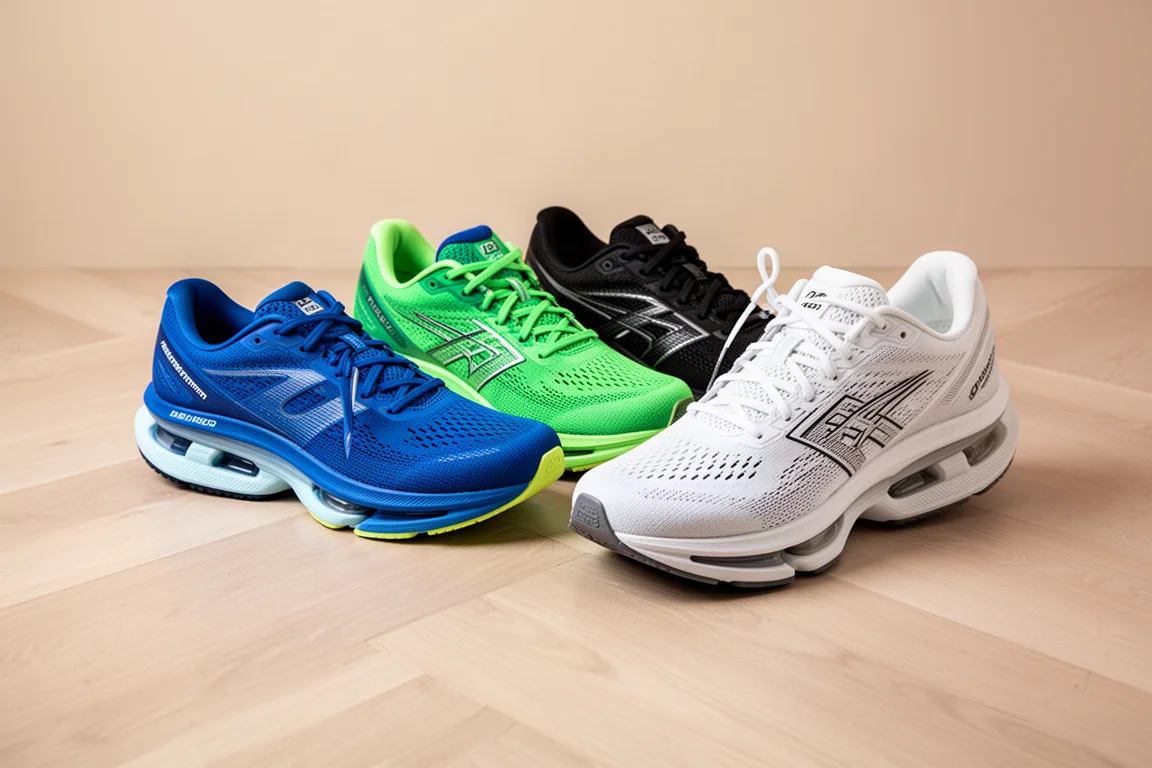 Vergleich mehrerer Marathon-Rennschuhe auf einem Holzboden