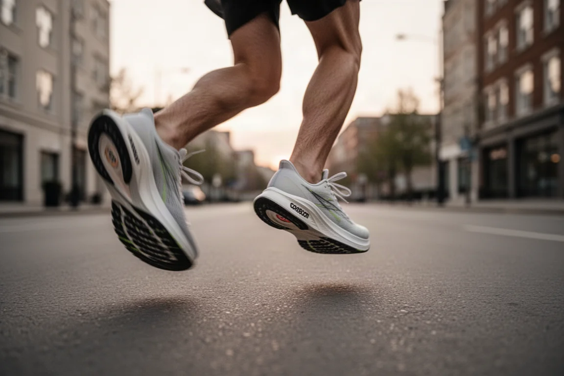 Runner's feet mid-stride on an open road in soft morning light
