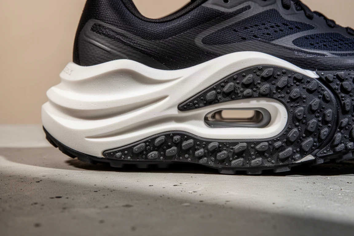 Close-up of the sculpted midsole and full-coverage rubber outsole of a road running shoe