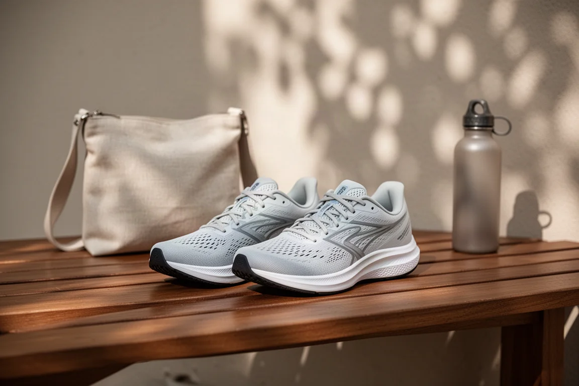 Pair of road running shoes on a wooden bench beside a water bottle