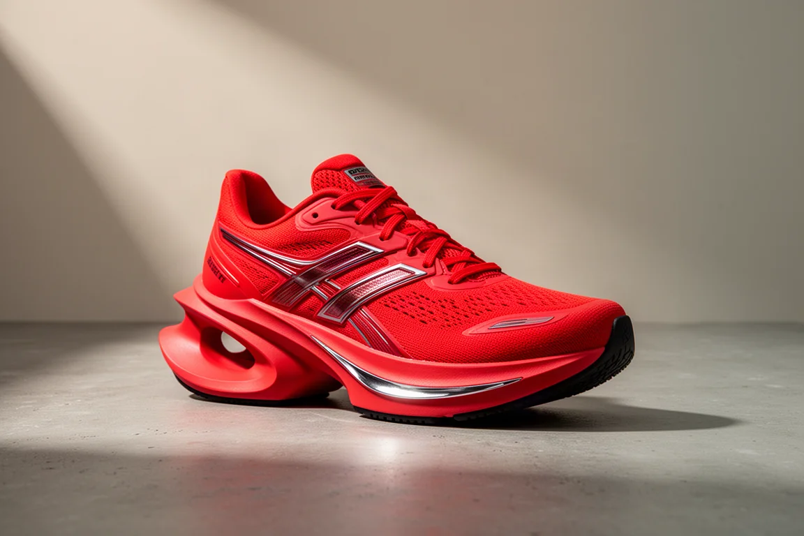 Scarpa da gara rossa da maratona con midsole spessa su superficie di cemento