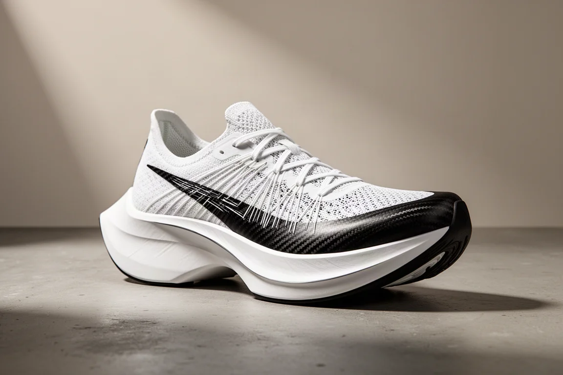Red carbon-plated racing shoe with thick white midsole on concrete surface