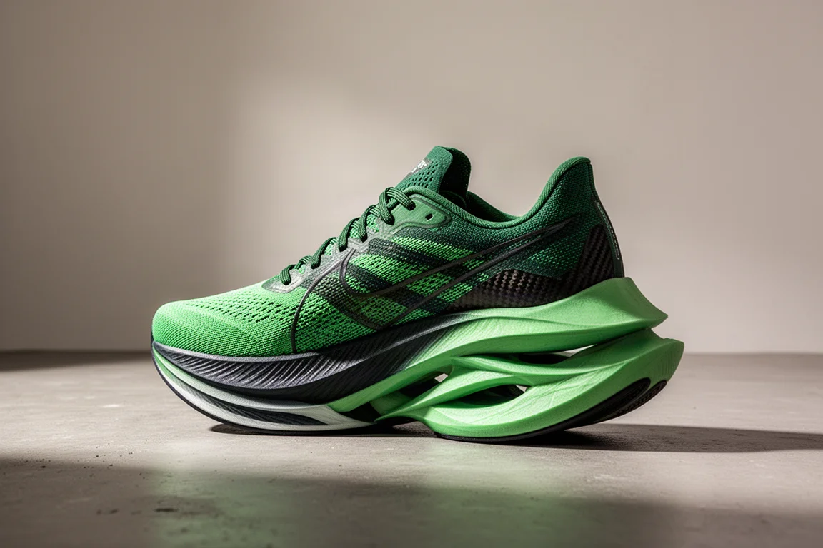 Green high-stack marathon racing shoe on a matte concrete surface