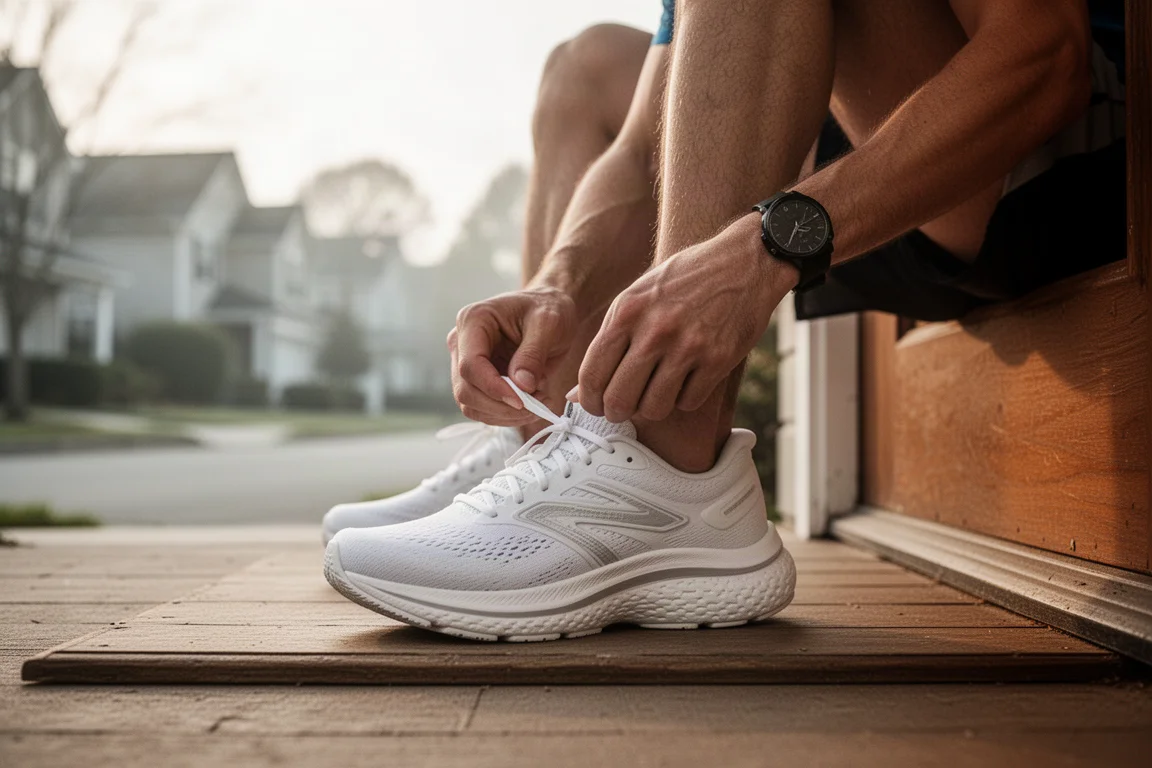 Runner lacing up a white cushioned running shoe on a doorstep before a morning run