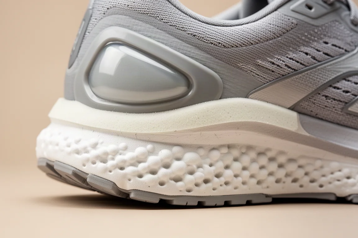 Close-up of a dual-density running shoe midsole showing layered foams