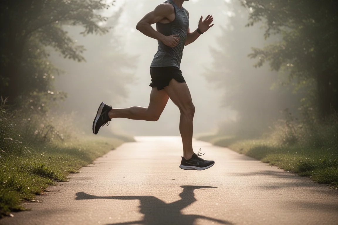 Runner striding along a sunlit paved path in the early morning
