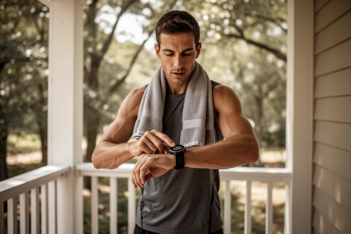 Runner cooling down on a porch after a long run, checking a running watch