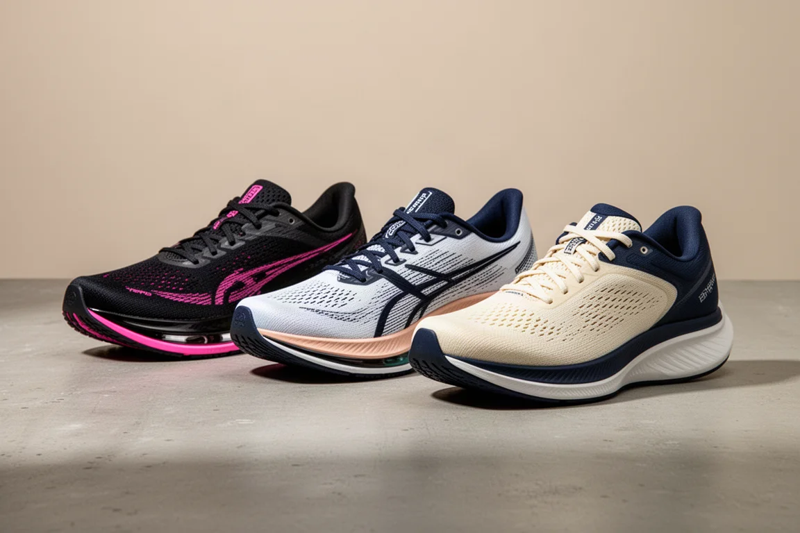 Tre scarpe da running da tempo disposte su una superficie di cemento opaco