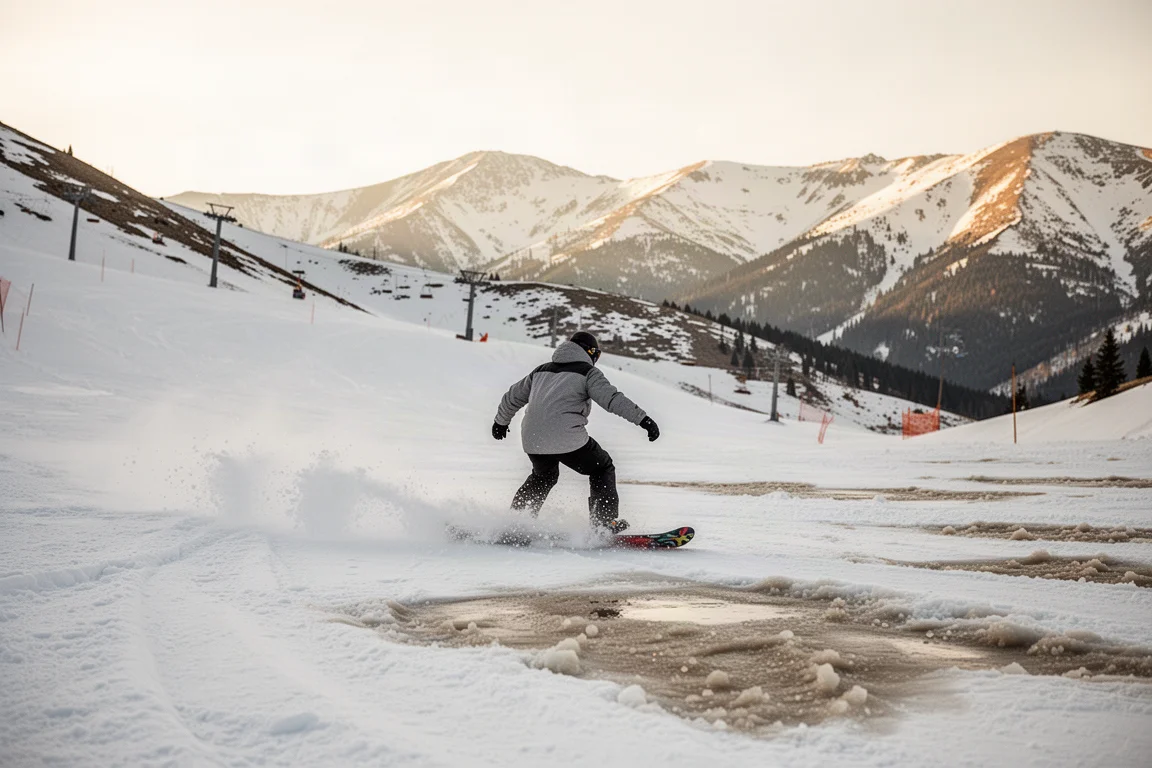 Snowboarder carvet durch Frühlingsschnee an einem sonnigen Berghang