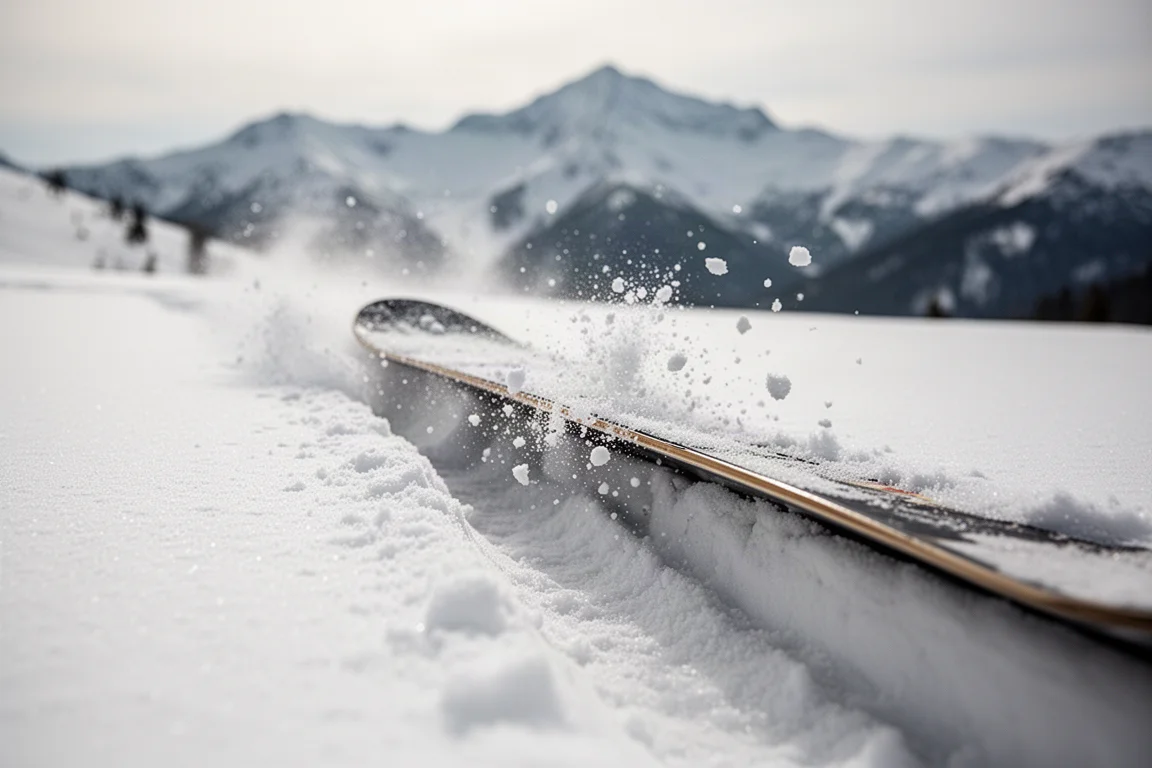 Nahaufnahme einer Snowboardkante, die bei einem Carve in festen Schnee greift