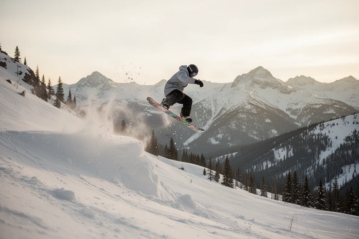 Snowboarder springt von einem natürlichen Side Hit im Backcountry-Gelände ab