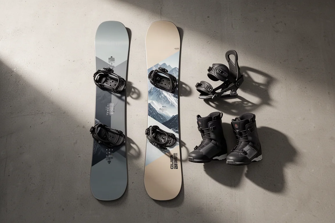 Draufsicht auf ein Snowboard mit Bindungen und Boots auf Beton