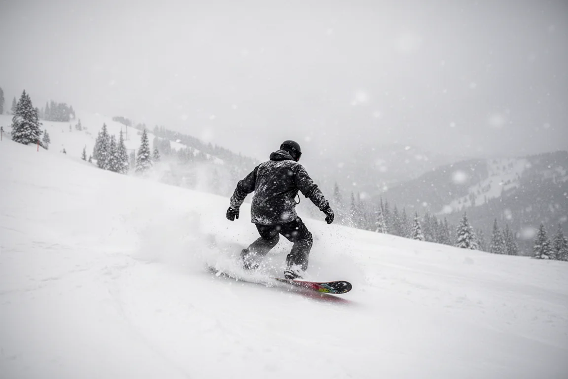 Snowboarder carving through heavy wet spring snow on a mountain slope