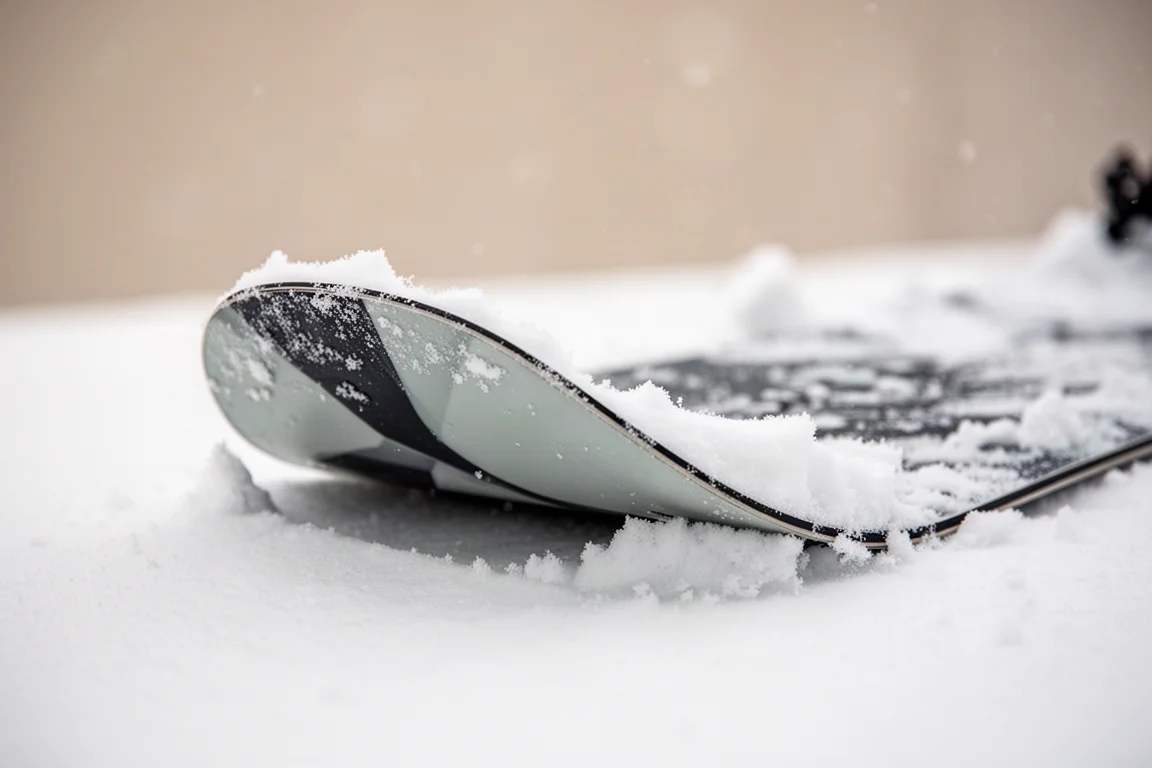 Close-up of a snowboard nose flexing under hand pressure in deep snow