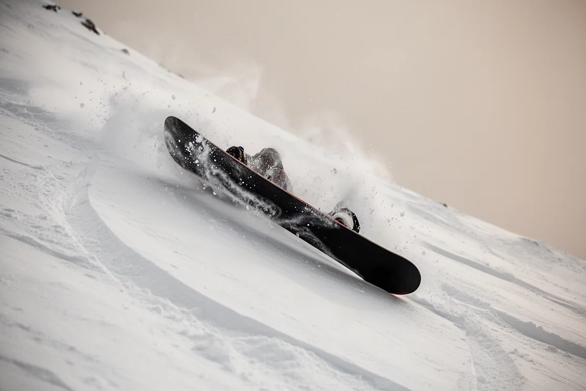 Snowboard laid on its edge mid-carve on steep terrain