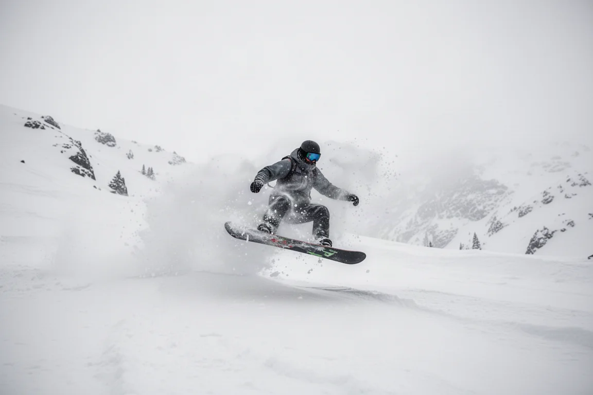 Snowboarder floating through deep powder with snow spray