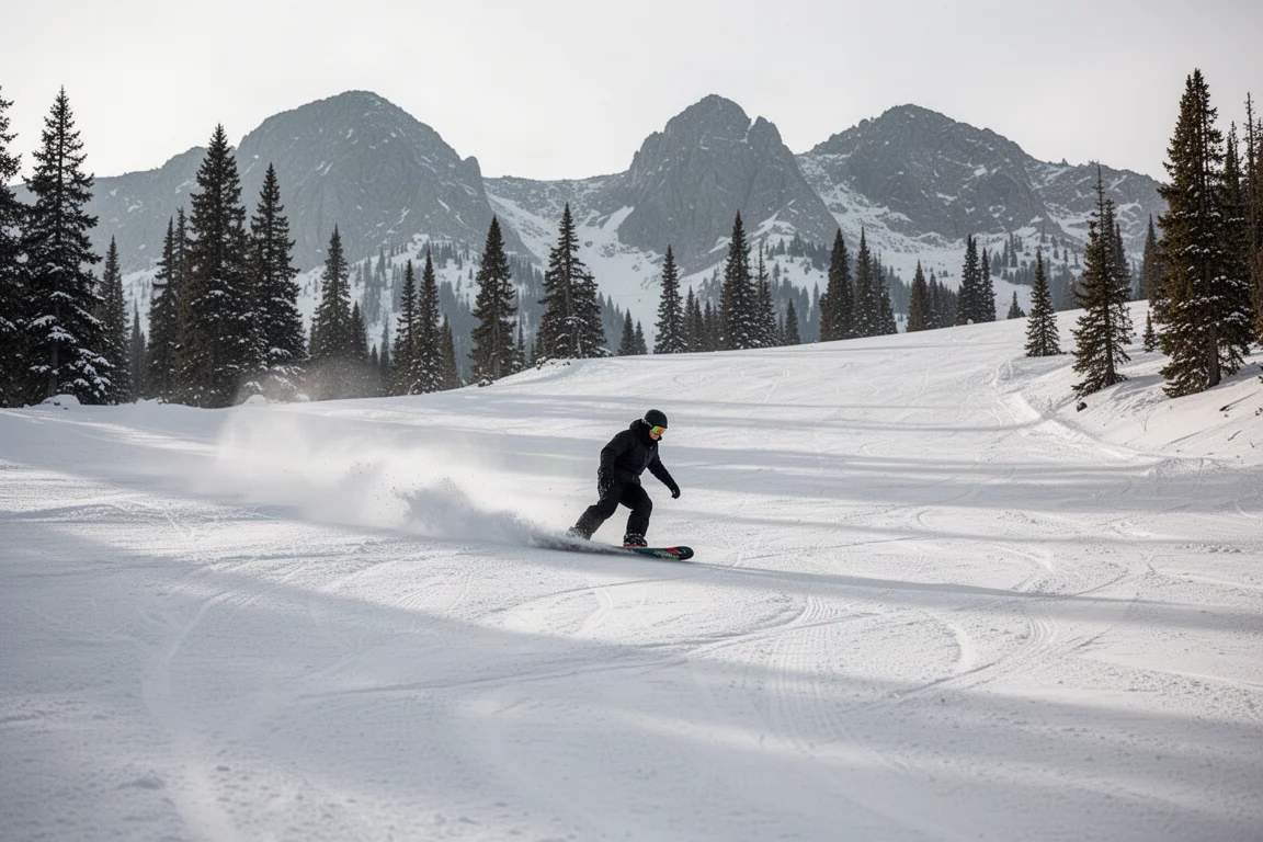 Snowboarder carving mellow turns on a groomed run under soft overcast light