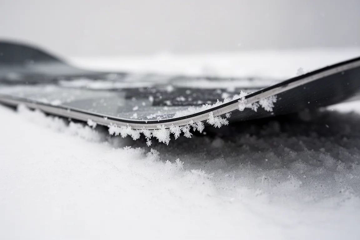 Close-up of a snowboard nose pressed and buttered on a park feature