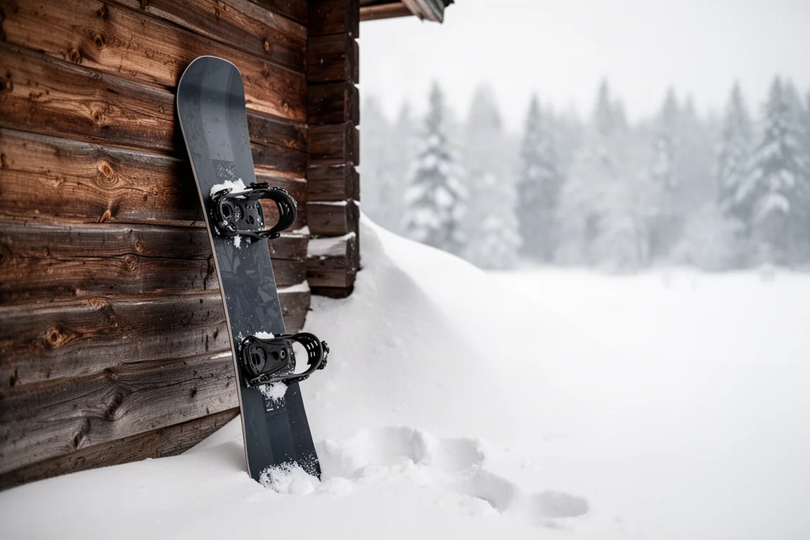 Snowboard and bindings laid out on a lodge bench before a day of riding