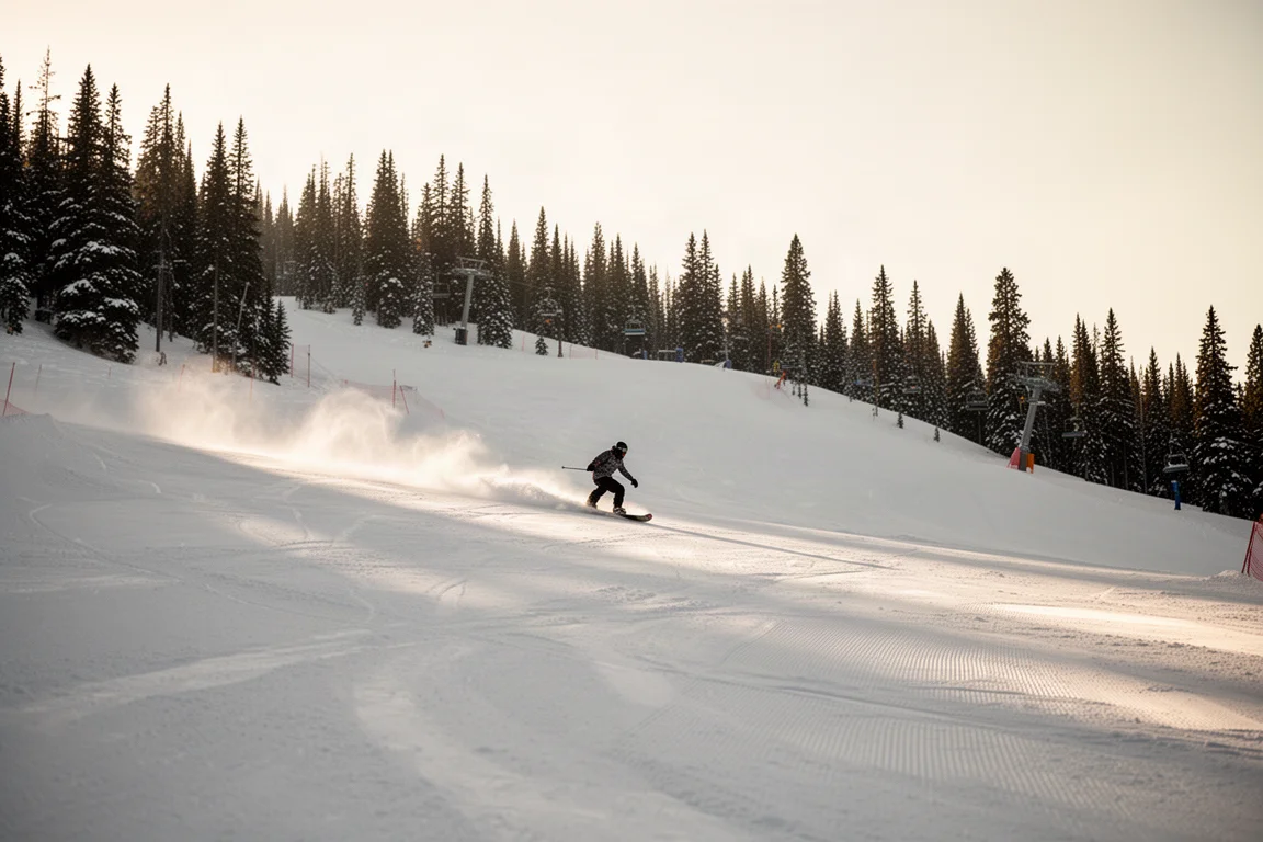 Snowboardzista z daleka w trakcie skrętu na szerokiej przygotowanej trasie, wzdłuż grzbietu drzewa iglaste