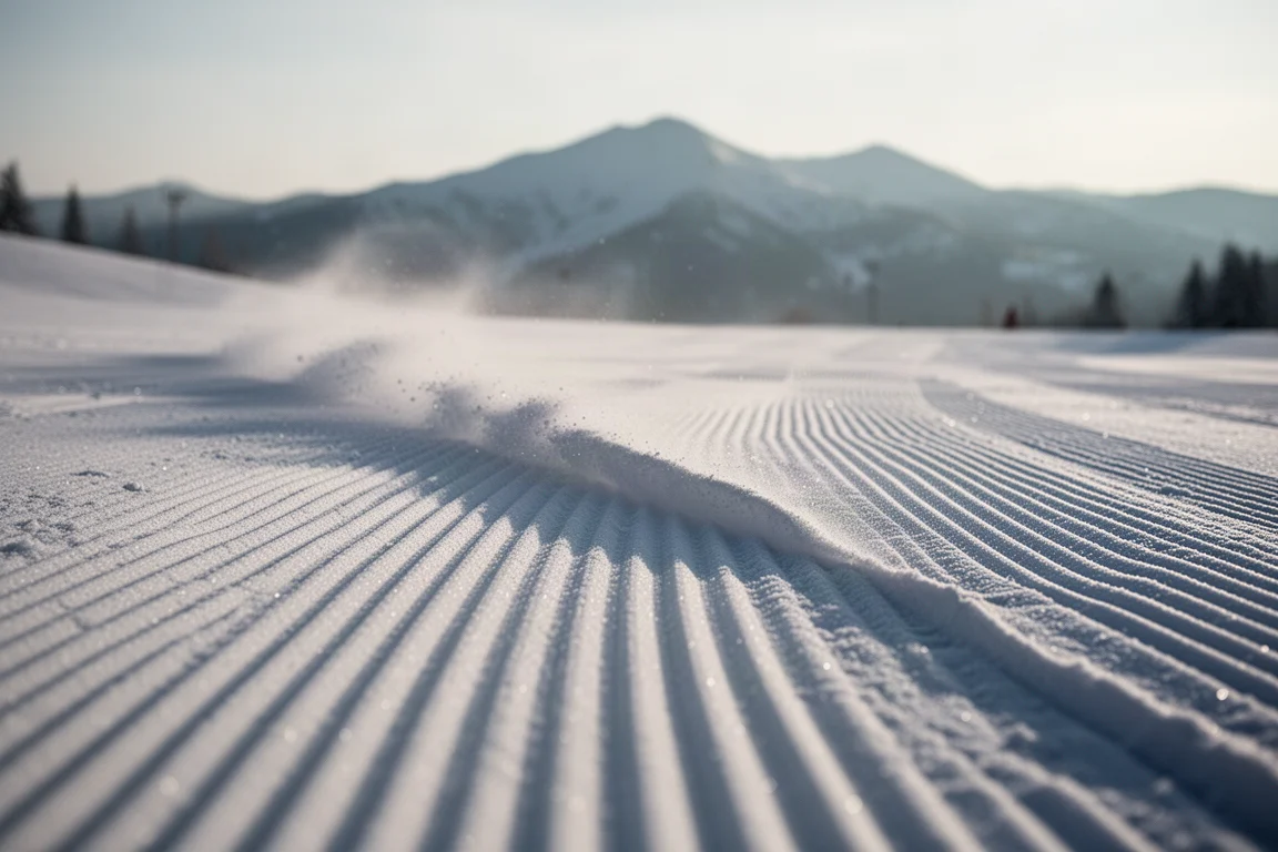 Krawędź deski snowboardowej kreśląca czysty łuk na przygotowanym, żłobkowanym śniegu, widok pod niskim kątem