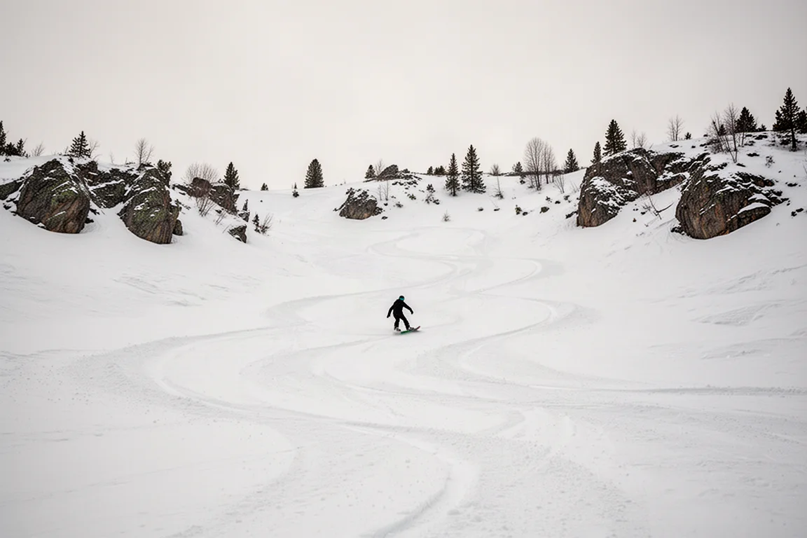 Snowboardzista przechodzący przez szeroką, otwartą kotlinę o zróżnicowanym śniegu, za nim krążące ślady