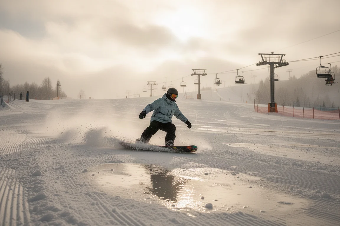 Snowboardåkare som åker genom mjuk, slaskig vårsnö på en bred preparerad pist