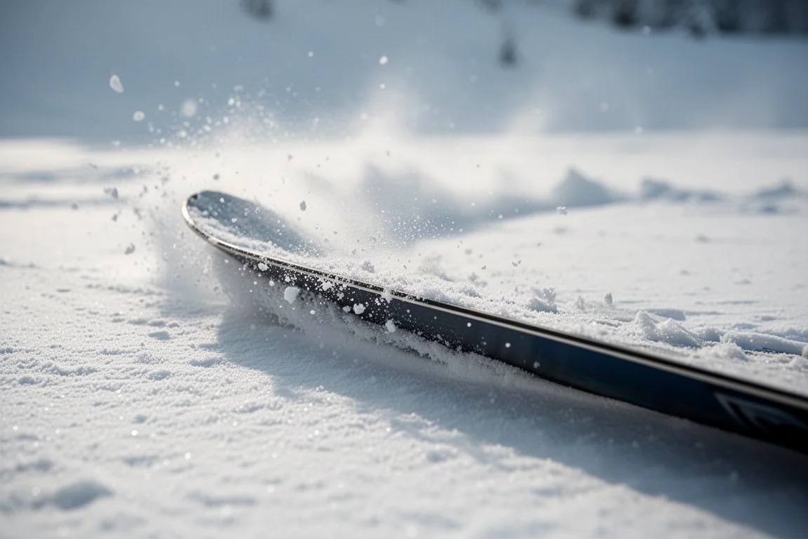 Närbild på en snowboardkant som borrar sig in i torr snö under en carvingvändning