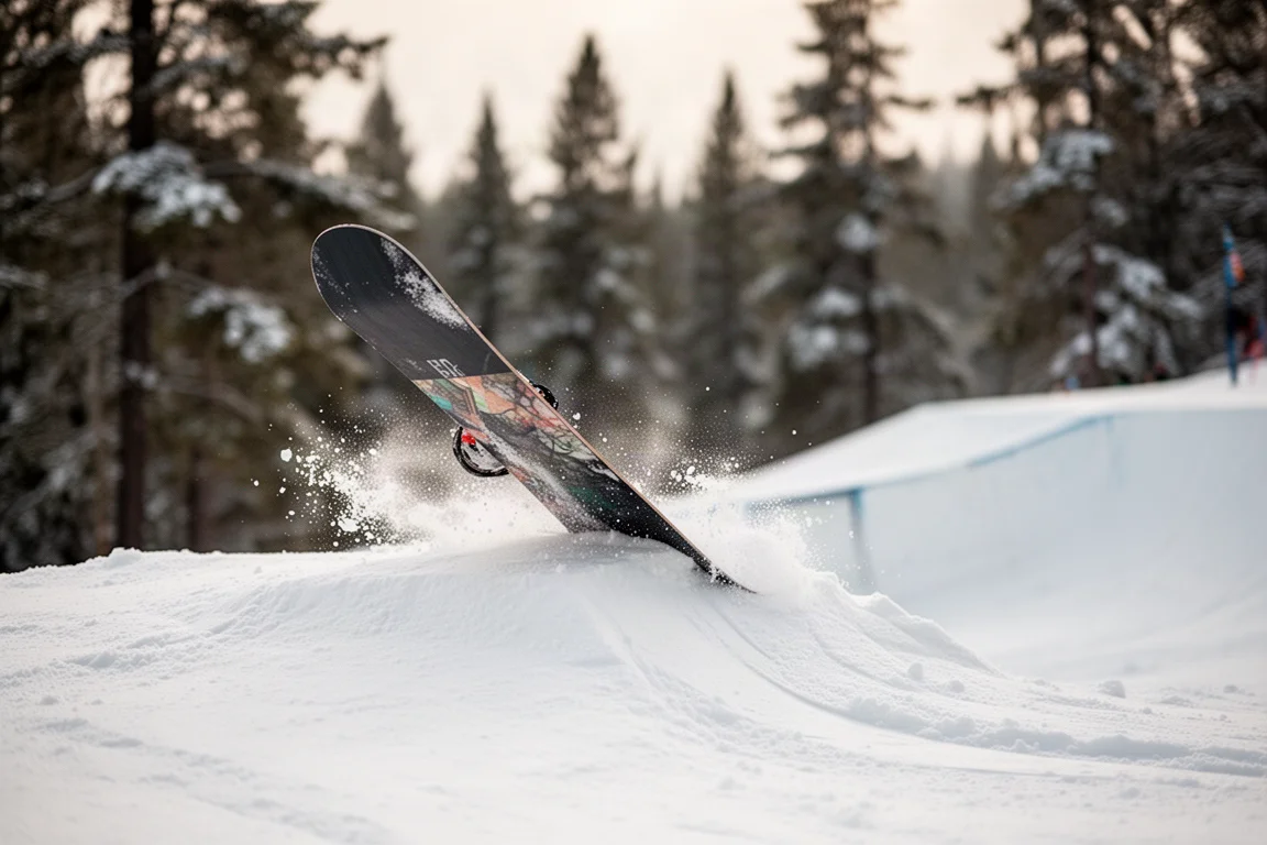 Snowboardens tail belastad mot snöfyllda backen vid överkanten av ett litet hopp