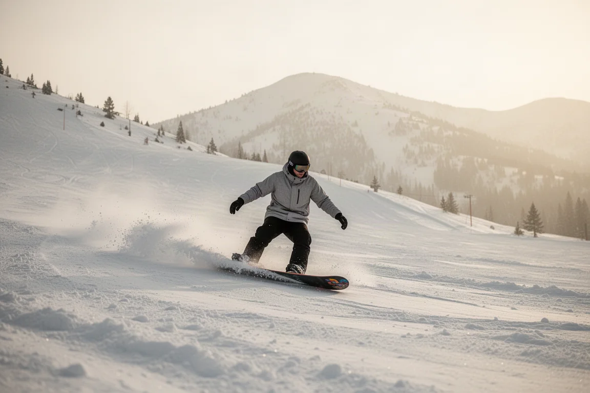 Snowboardåkare som surfar på en lugn, öppen backe i mjuka och slaskiga förhållanden