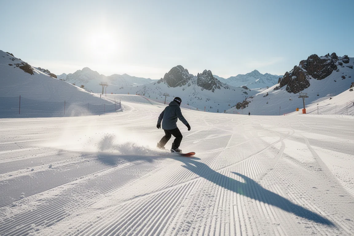 Snowboarder carving through soft fresh snow on a mountain slope