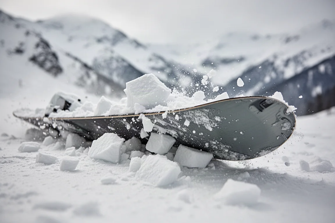 Snowboard edge cutting through icy chunky snow terrain