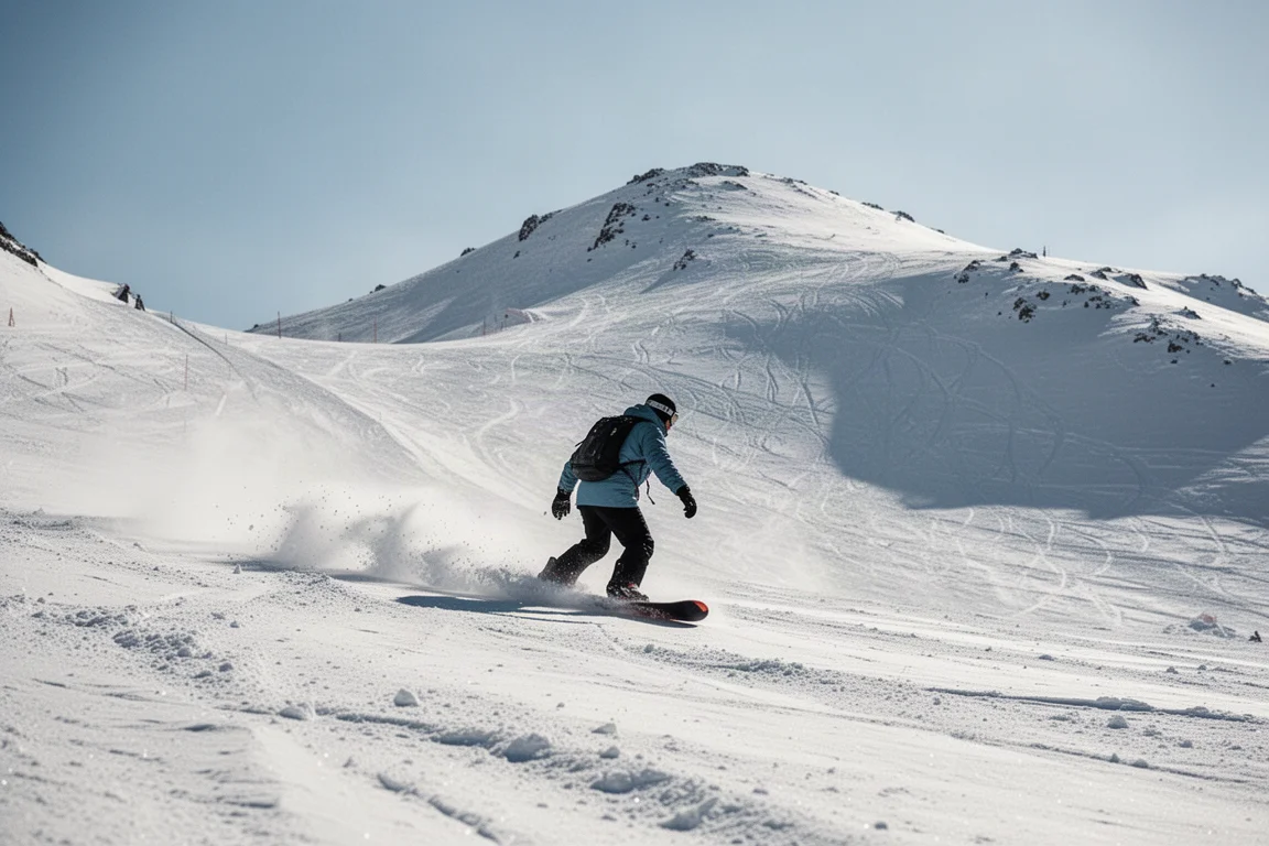Snowboarder riding through mixed spring snow on a sunny mountain slope