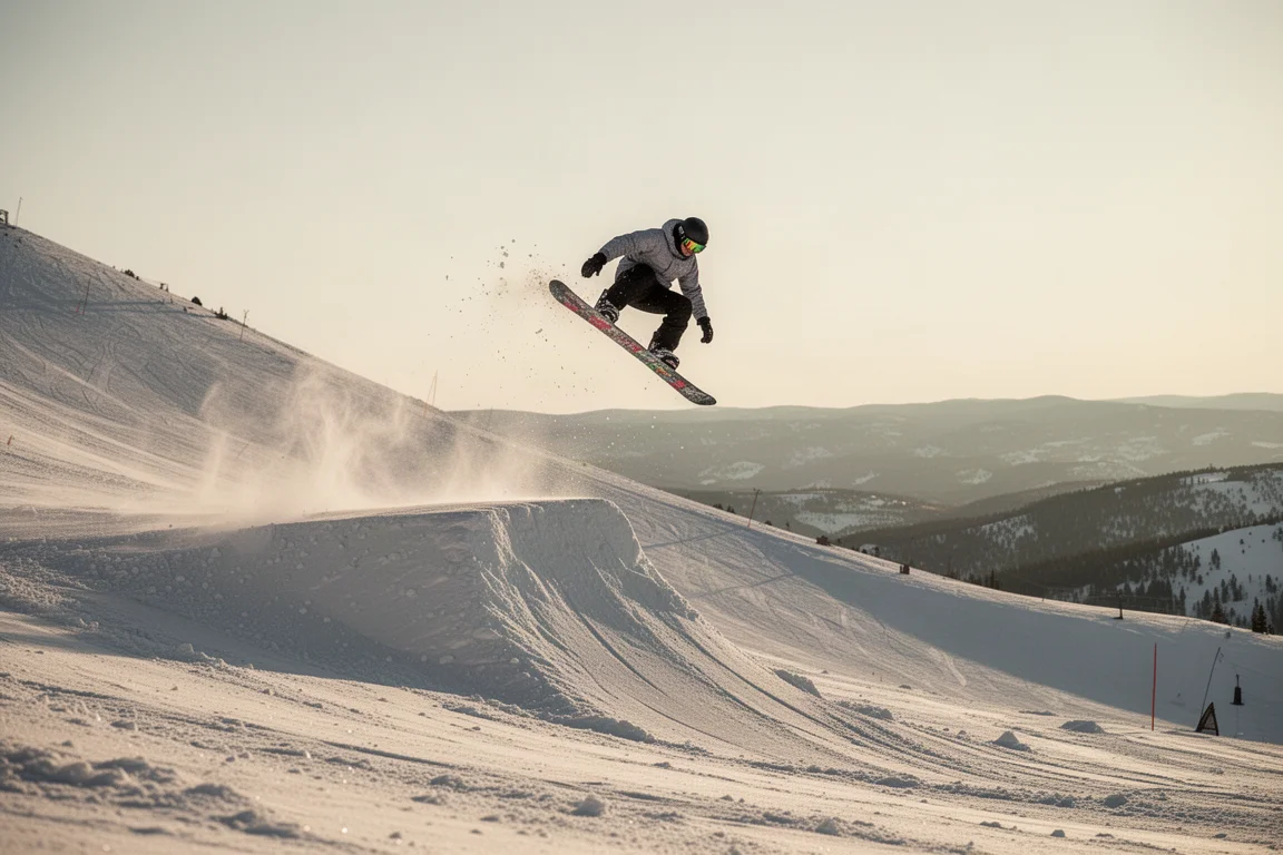 Snowboarder launching a side hit with the board snapping off a lip
