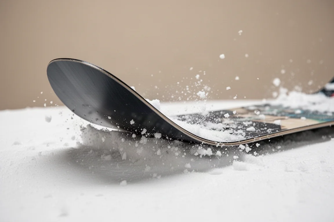 Close-up of a snowboard tail pressed into snow during a butter
