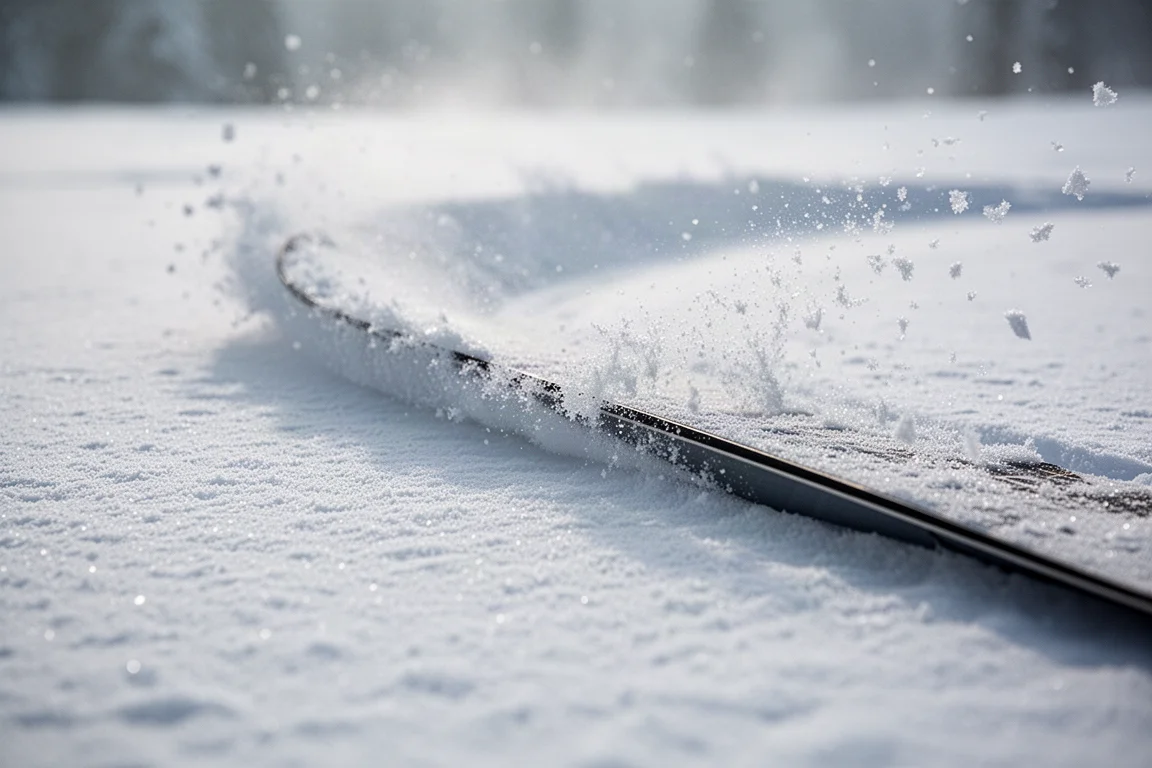 Snowboard carving an aggressive arc into firm morning snow