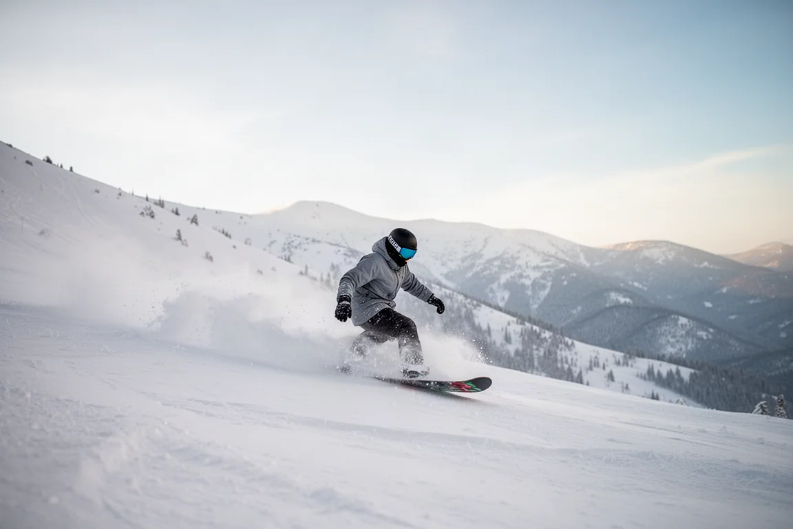 Snowboardeur qui carve dans la poudreuse avec des gerbes de neige
