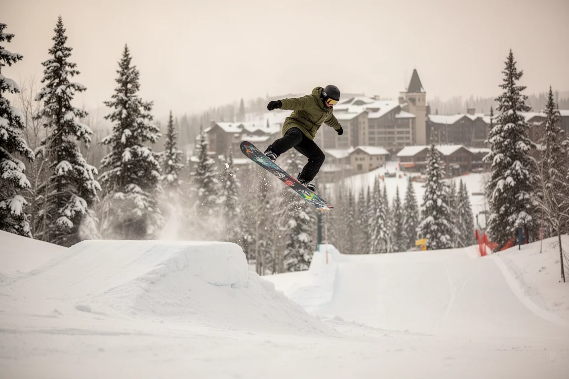 Snowboardeur qui saute sur un petit tremplin au bord d'une piste damée