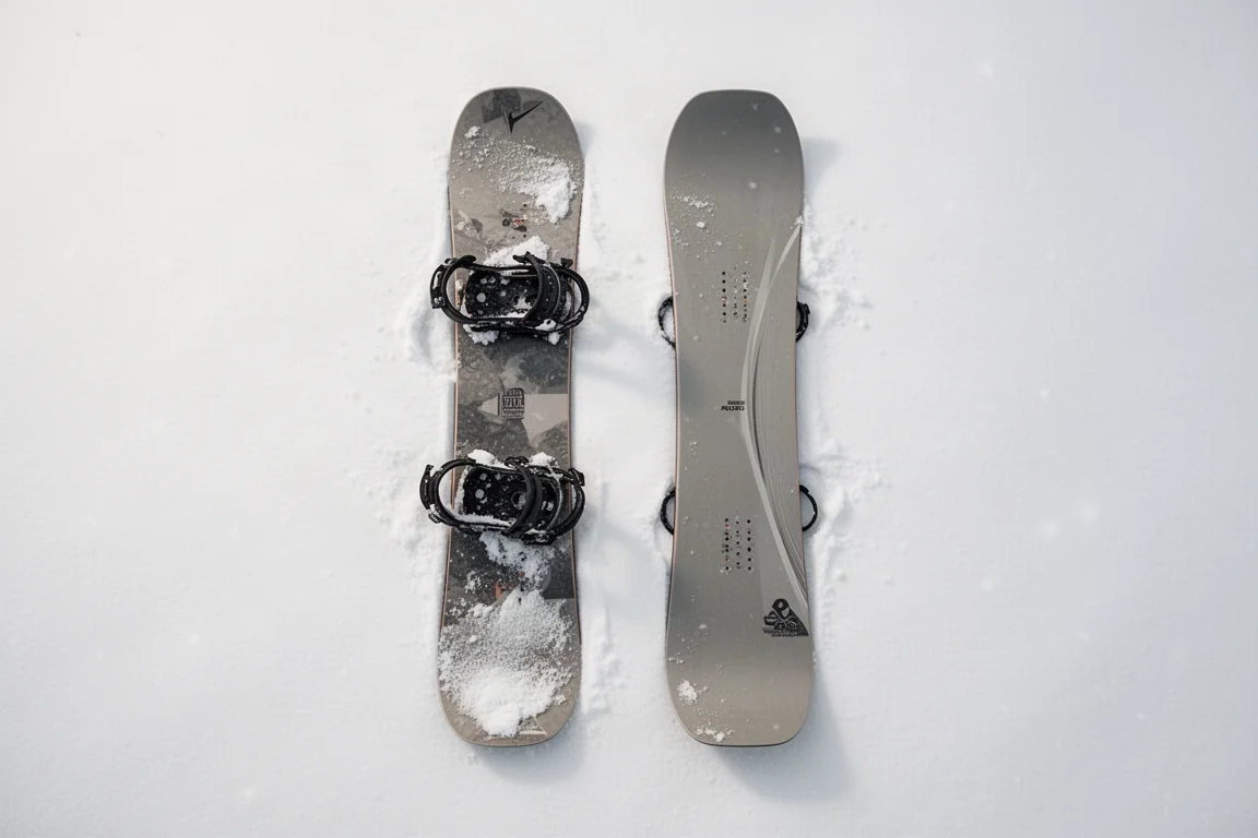 Deux planches de snowboard posées à plat côte à côte sur la neige pour comparaison