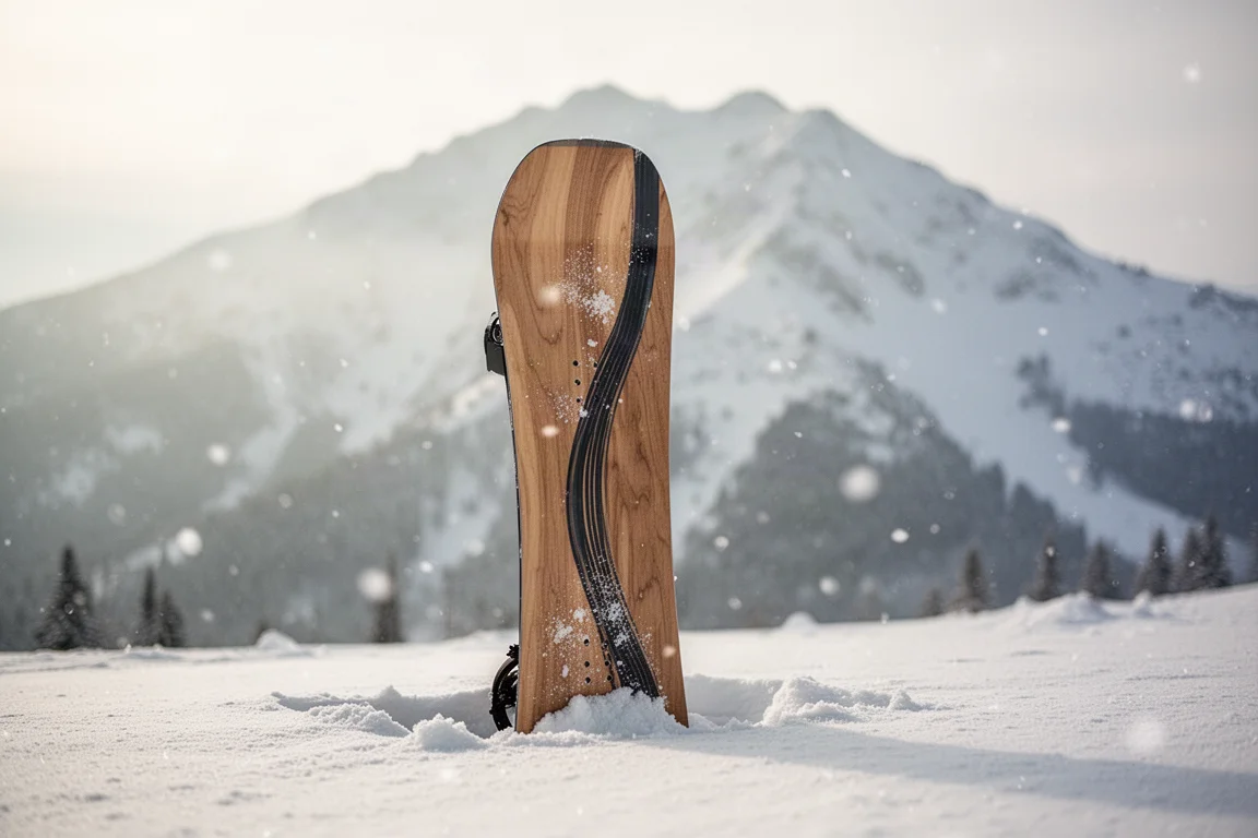 Traditional camber snowboard standing in fresh snow at a mountain resort