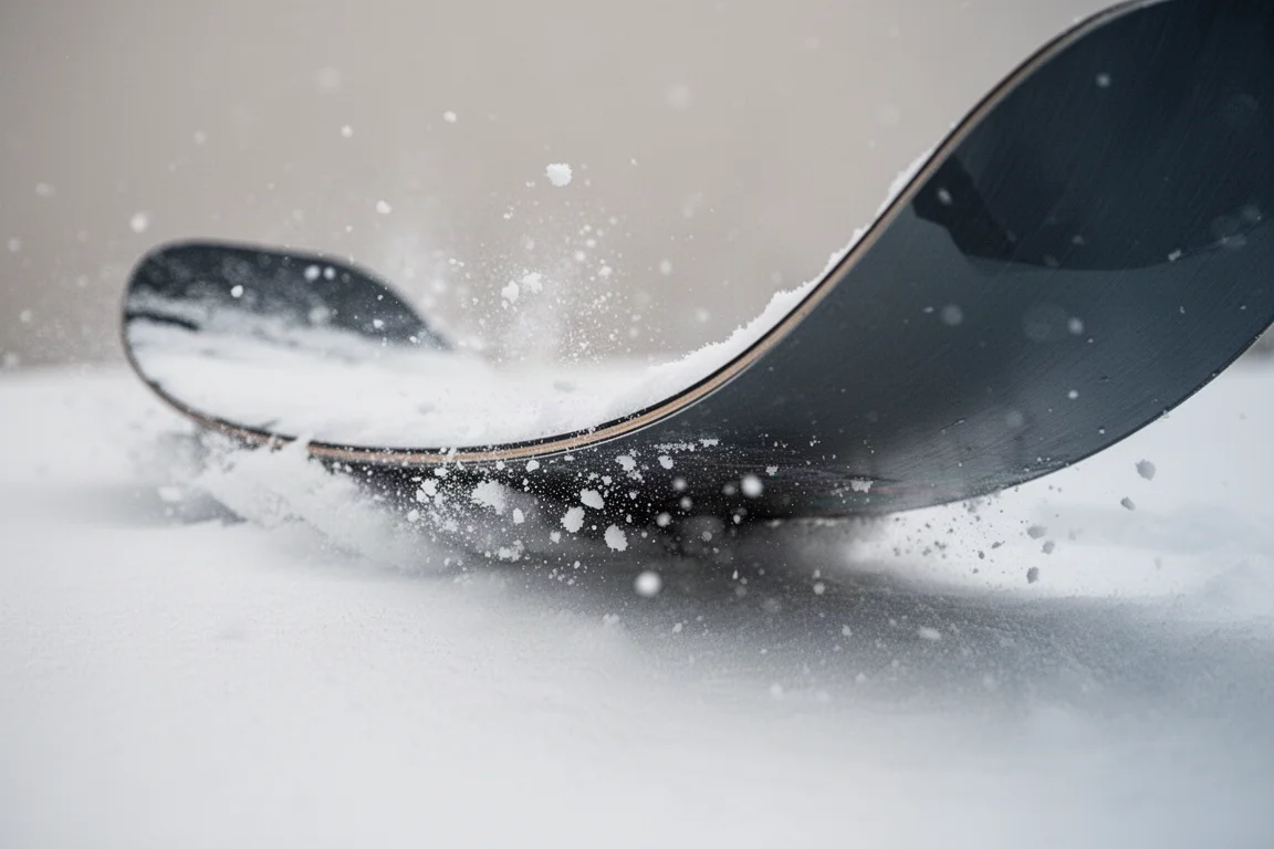 Close-up of a snowboard flexing under load in soft snow
