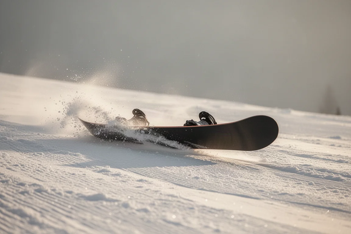 Snowboard pressed into a butter on a groomed slope