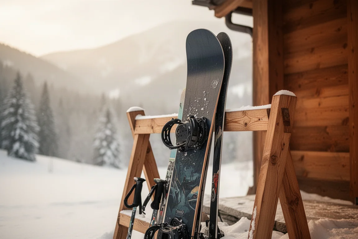 Snowboard leaning against a wooden ski rack at a mountain lodge