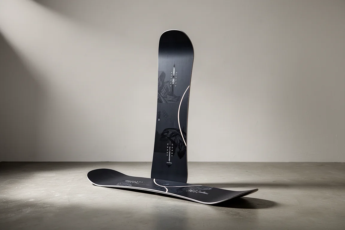 Traditional camber snowboard standing upright on a matte concrete surface