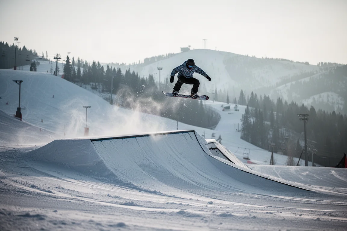 Freestyle-Snowboarder nimmt Anlauf für einen Sprungabsprung im Terrain-Park eines Skigebiets