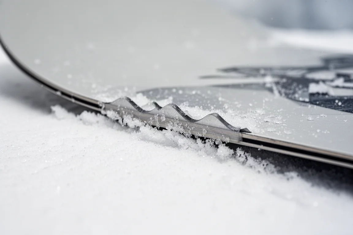 Nahaufnahme einer gewellten Magne-Traction-Snowboardkante im Schnee