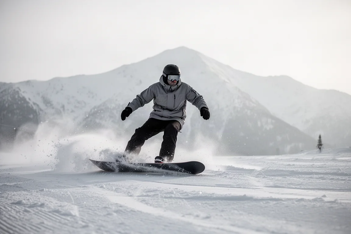 Snowboarder zieht enge Schwünge auf einer vereisten präparierten Piste